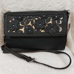 NWT Liz Claiborne Liza Black Faux Leather Crossbody Purse with Flower Cutouts